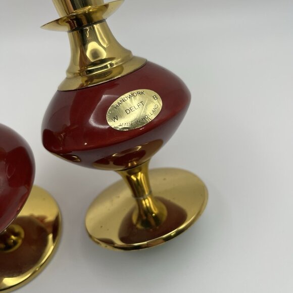 Vintage Mid-Century W. Delft B Holland Red & Gold Brass Candle Holders Atomic - Picture 6 of 11
